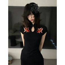 批发复古新中式上衣女千禧辣妹显瘦旗袍国风短袖<b class='q'>t</b><b class='q'>恤</b>锦鲤刺绣古着Y2K