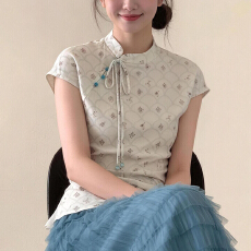 批发新中式女装蓝绿色提花盘扣系带斜襟短袖<b class='q'>t</b><b class='q'>恤</b>夏季古典国风百搭上衣