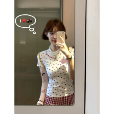 批发纯棉复古爱心<b class='q'>印花</b>满印正肩短袖t恤女夏季设计感小众修身百搭上衣