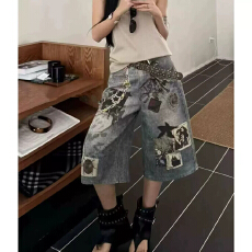 批发美式复古3D打印涂鸦设计感<b class='q'>牛仔裤</b>男女夏季新款做旧阔腿七分短裤潮