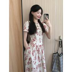 批发文艺复古红色印花连衣裙女夏收腰显瘦圆领气质长款新中式茶歇裙