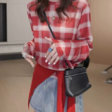 批发高级感格子红色网纱长袖t恤女夏季薄款2026新款空调<b class='q'>防晒</b>衣罩衫