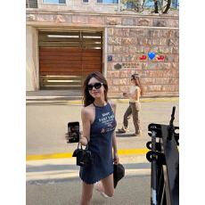 批发「樱桃厘<b class='q'>子</b>酱」美式复古波点字母印花挂脖夏季款修身显瘦连衣裙<b class='q'>子</b>