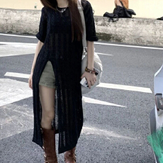 批发夏季短袖镂空气质连衣裙女设计感开衩中<b class='q'>长款</b>过膝裙薄款罩衫<b class='q'>针织</b>衫