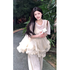 批发甜美可爱风双层网纱木耳边<b class='q'>背心</b>女夏宽松显瘦无袖上衣夏季清新套装