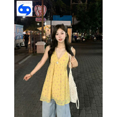 批发多巴胺甜酷精致甜美黄色挂脖<b class='q'>碎花</b>连衣裙显白气质雪纺吊带夏季外穿
