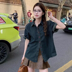 批发复古高级感<b class='q'>牛仔</b>衬衫<b class='q'>外套女</b>夏季薄款气质减龄字母刺绣翻领衬衣外套