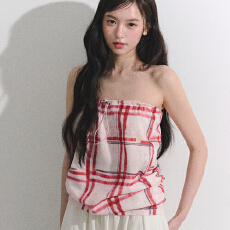 批发复古手绘印花格子抹胸上衣女装夏季2026新款设计感抽绳辣妹背心潮