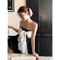 批发Girl泡泡女孩千金风撞色系带抹胸花苞露背