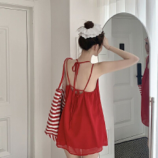 批发红色露背挂脖吊带背心女夏海边度假风娃娃衫<b class='q'>宽松</b>chic别致绝美上衣