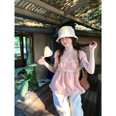 批发粉色泡泡袖方领上衣女夏季<b class='q'>蕾丝</b>花边甜美<b class='q'>娃娃衫</b>天丝混纺短袖