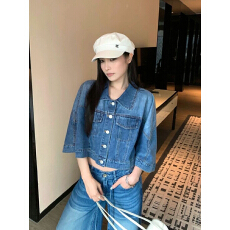 批发复古蓝色斗篷式牛仔短外套女款宽松水洗做旧翻领减龄纽扣<b class='q'>休闲</b><b class='q'>夹克</b>
