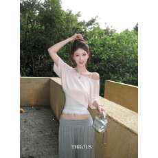批发夏日韩版纯欲粉色斜肩短款T恤女设计叠穿蕾丝吊带背心<b class='q'>套装</b>两件套