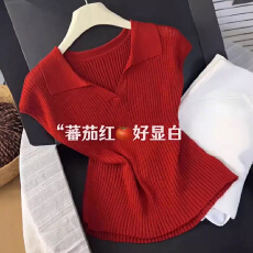 批发显白红色翻领<b class='q'>短袖</b>针织衫<b class='q'>女</b>2026夏新款简约气质百搭上衣