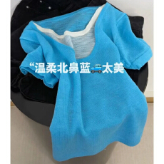 批发显白又神秘的~温柔北鼻蓝撞色U领假两件针织<b class='q'>短袖</b>上衣<b class='q'>女</b>