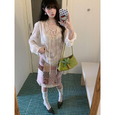 批发美式复古拼接印花半身裙女夏季直筒花边设计休闲小众<b class='q'>百搭</b>中裙