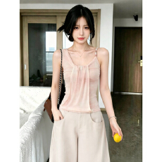 粉色串珠双层网纱吊带背心女夏季2026新款纯欲风收腰显瘦无袖上衣