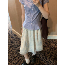 批发蓝色花卉宽松<b class='q'>半身裙</b>女夏季松紧腰伞裙中<b class='q'>长款</b>裙子