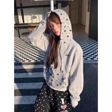 批发美式复古星星印花连帽开衫拉链外套卫衣女秋季宽松甜辣妹显瘦上衣