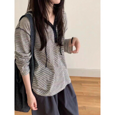 美式秋季新款学院风宽松显瘦百搭独特条纹连帽长袖T恤通勤上衣ins
