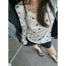 批发防晒美式罩衫星星满印印花T恤夏季薄款显瘦微透辣妹连帽<b class='q'>长袖</b>上衣