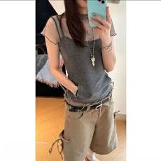 批发纯棉-【慵懒<b class='q'>韩</b>女日常】夏日微透荷叶边网纱短袖+灰色吊带套装女