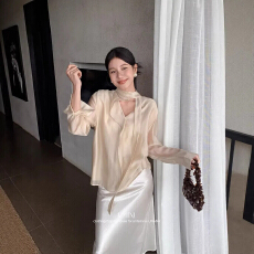 批发天丝法式气质飘带<b class='q'>衬衫女</b>温柔荷叶领长袖显瘦上衣2026秋季新品