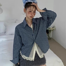 批发韩国chic秋季新款小众复古撞色拼接假两件木耳花边长袖<b class='q'>格子</b><b class='q'>衬衫女</b>