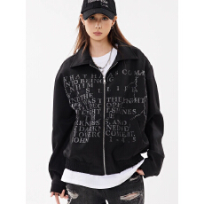 批发美式复古百搭高街字母印花翻领夹克<b class='q'>春</b>秋新款男女小众潮流设计外套