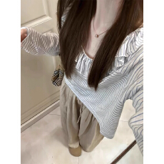 批发初秋新款大领口圆领条纹长袖T恤衫女纯欲风<b class='q'>甜美</b>少女宽松显瘦上衣