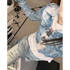 批发【牛仔视觉感长袖】夏季<b class='q'>街头</b>视觉感中性风男女假俩件长袖遮肉通勤