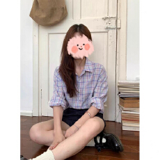 批发韩版<b class='q'>街头</b>气质宽松百搭格子长袖衬衫秋季新款撞色纽扣休闲衬衫上衣