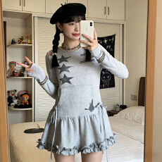 批发大码轻亚<b class='q'>街头</b>风抽褶印花连衣裙长袖圆领内搭叠穿百搭短裙抽绳女