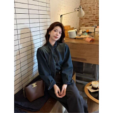 批发保暖复古港风蓝色领带<b class='q'>牛仔</b><b class='q'>衬衫</b>女加厚叠穿宽松长袖<b class='q'>衬衣</b>春外穿出片