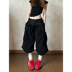 批发美式复古宫廷风纽扣多口袋工装<b class='q'>七分裤</b>男<b class='q'>女</b>vibe高街宽松阔腿短裤潮