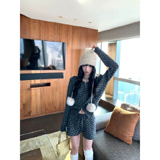 批发蓝色miu系套装长袖连帽拉链毛衣外套女装秋季抽绳针织短<b class='q'>裤</b>两件套