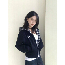 批发复古美式格子拼接设计连帽卫衣女秋冬新款学院开衫<b class='q'>短</b>款外套上衣潮