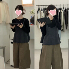 批发韩系休闲风套装女秋季叠穿宽松显瘦吊带长袖打底衫阔腿裤三件套
