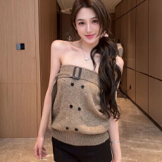 批发韩系复古双排扣针织抹胸背心早秋穿搭独特超好看辣妹外穿无袖上衣
