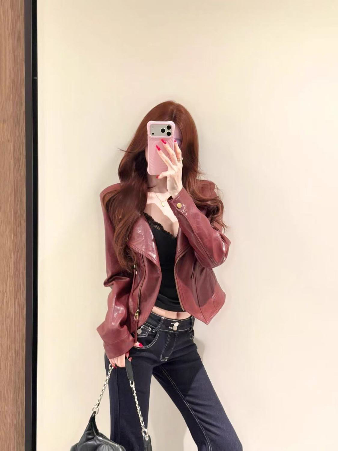 BY35014# 秋冬季韩系复古高级感夹克皮衣外套蕾丝吊带背心两件套  服裝批發女裝批發服飾貨源