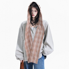 批发时尚复古bf风格子拼接围巾工装<b class='q'>夹克</b>女春秋季连帽<b class='q'>外套</b>风衣潮<b class='q'>男</b>