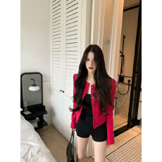 批发2026早秋季名媛<b class='q'>休闲</b>绝美宽松气质上衣法式小香风玫红色短款外套女