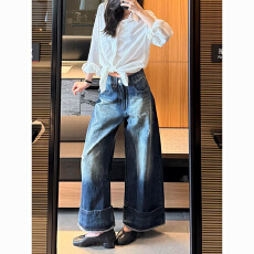 批发美式大码复古设计感翻边牛仔<b class='q'>裤</b>子女春季新款<b class='q'>时尚</b>百搭显瘦拖地长<b class='q'>裤</b>