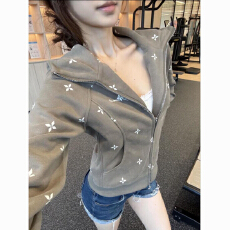 批发美式复古风短款满印修身外套早秋收腰连帽<b class='q'>开衫</b>上衣小个子辣妹卫衣