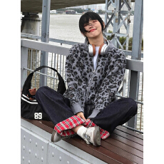 批发开衫毛衣<b class='q'>男</b>女立领秋冬季cleanfit潮牌豹纹慵懒风休闲针织拉链外套