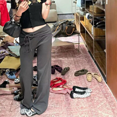 批发翻腰系带直筒阔腿裤<b class='q'>女</b>春秋新款低腰遮肉显瘦休闲拖地<b class='q'>长裤</b>
