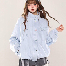 批发趣味刺绣仿麂皮外套女秋季新款宽松百搭慵懒风休闲夹克棒球服上衣