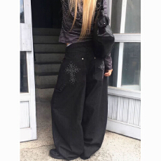 批发美式 辣妹黑色牛仔裤女后袋豹纹十字架烫钻铆钉宽松阔腿拖地长裤