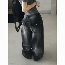 批发复古废土风烟灰色牛仔裤女中低腰超宽松香蕉裤弧形阔腿拖地长裤