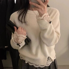批发<b class='q'>蕾丝</b>拼接白色毛衣女秋冬韩系法式高级感<b class='q'>打底衫</b>加厚宽松针织衫上衣